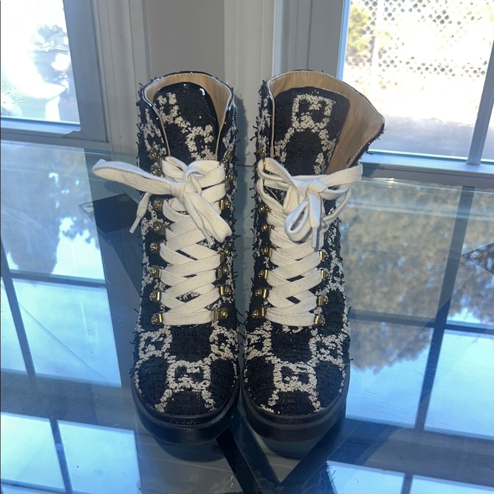 Black and White Ankle Boots with Geometric Design